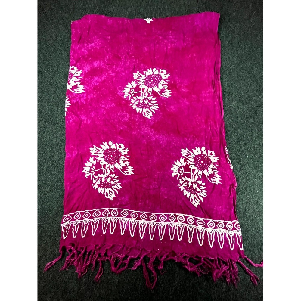 Hary Dary Batik Sarong Wrap Womens 43x58 Pink Floral Rayon Fringe Hem Indonesia